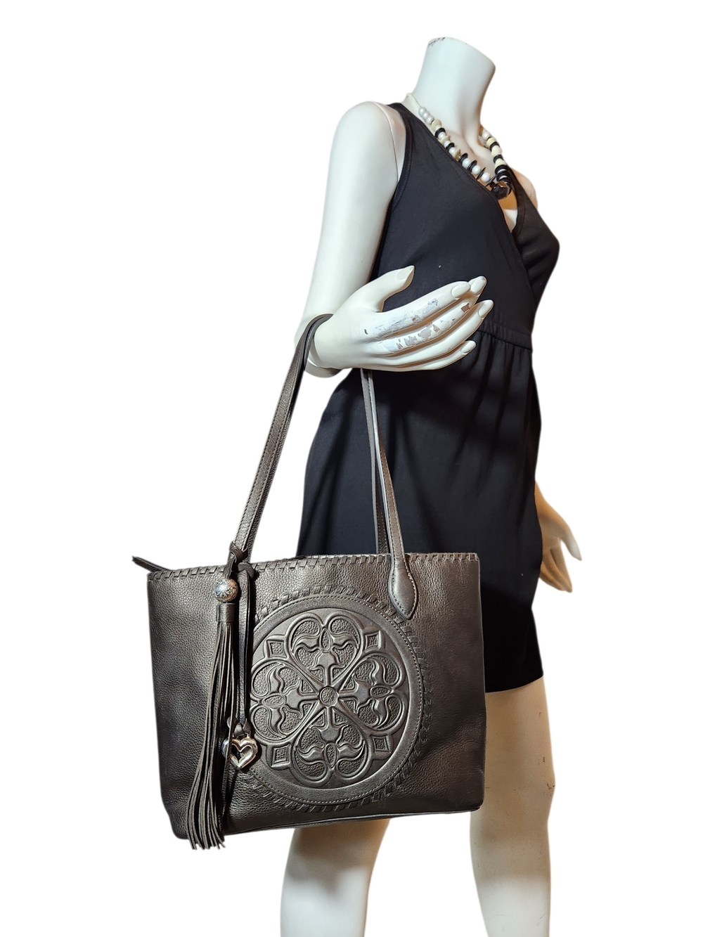 BRIGHTON EMILIA FERRARA PEWTER PURSE BAG MEDALLION LEATHER TASSEL HEART SHAPE